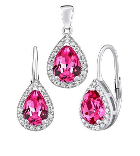 Silver jewelry set MONACO earrings and pendant with synthetic ruby LPS0341R