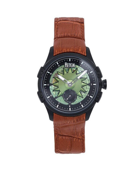 Наручные часы REIGN Solstice автоматические полупрозрачные, кожаный ремешок - коричневый/зеленый