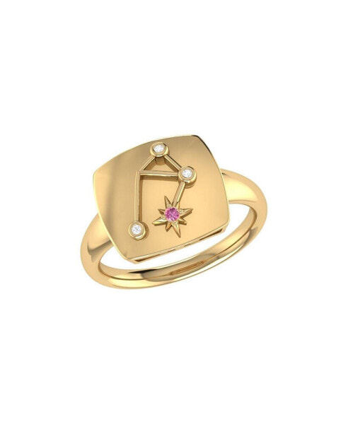 Libra Scales Design 14K Yellow Gold Pink Tourmaline Gemstone Diamond Signet Ring