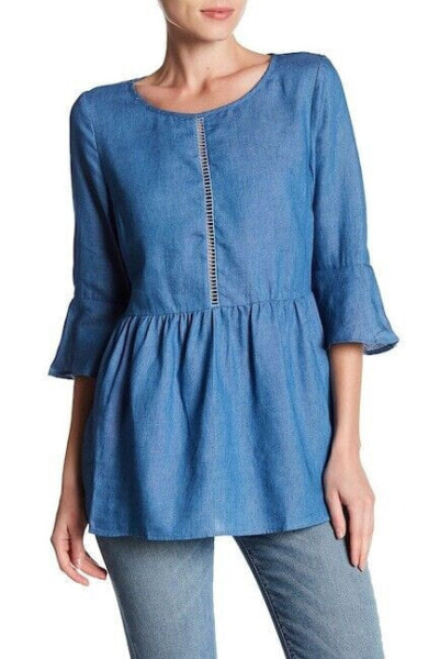 Lucca Couture Women's Tunic Bell Sleeve Ladder Trim Top Blue M