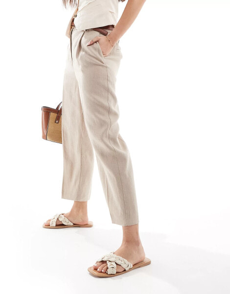 Mango linen elasticated waist slim trouser in beige