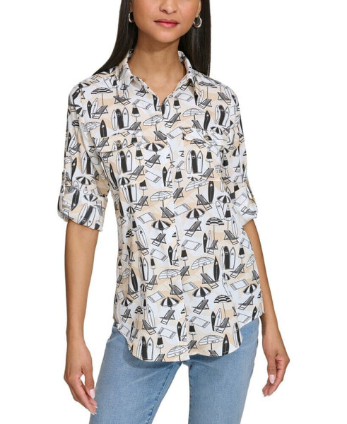 Women's Whimsical-Print Roll-Tab Button-Front Top