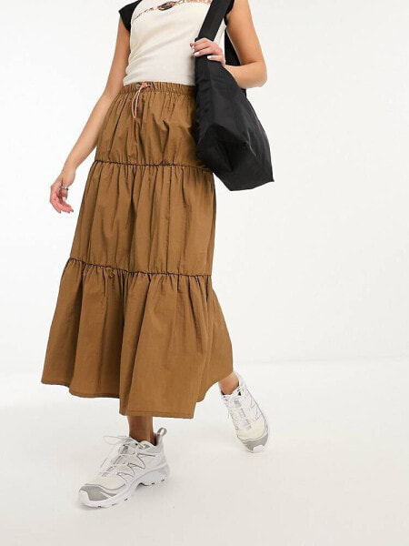 Basic Pleasure Mode solstice tiered maxi skirt in chocolate