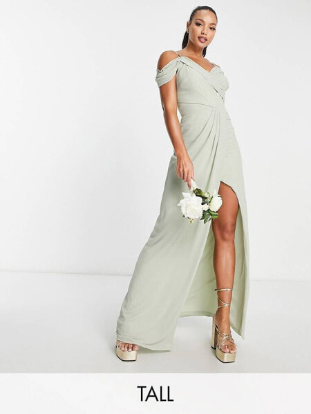 TFNC Tall Bridesmaid drape shoulder wrap dress in sage green