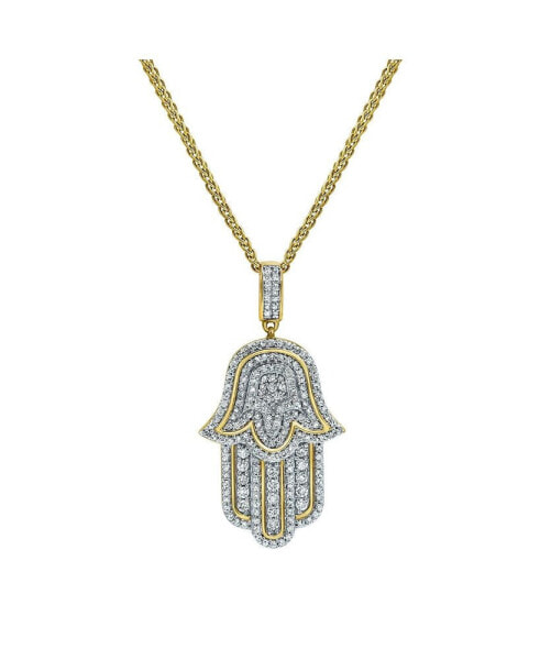Divine Hamsa Natural Round Cut Diamond Pendant (0.98 cttw) in 14k Yellow Gold for Women & Men
