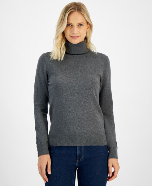 Women's Cotton Solid Button Cuff Turtleneck Sweater