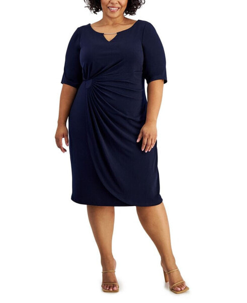 Plus Size Elbow-Sleeve Side-Drape Dress