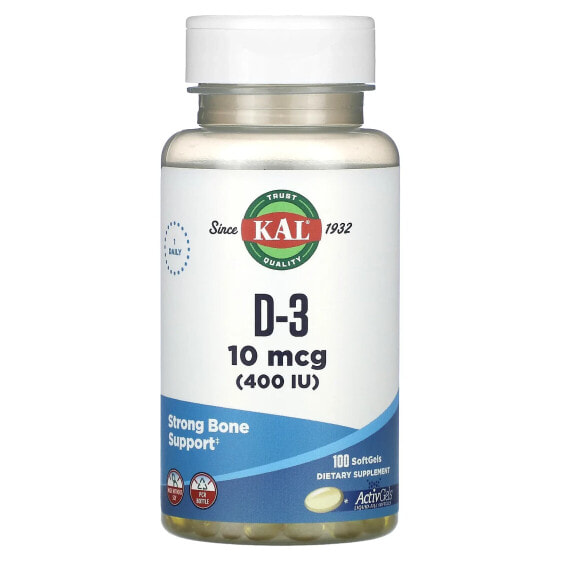 KAL, D-3, 10 мкг (400 МЕ), 100 мягких таблеток