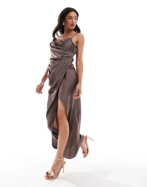 ASOS DESIGN draped satin maxi dress with twisted strap detail in mocha