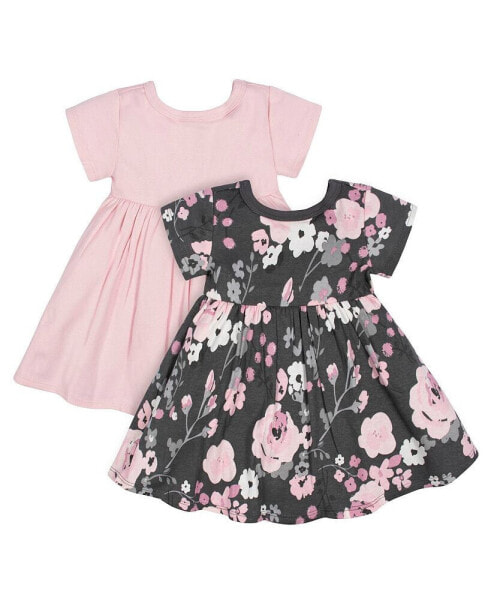 Baby Girls Baby Pink Floral Short Sleeve Dresses, 2-Pack