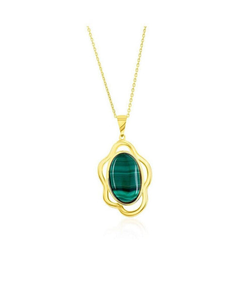 Sterling Silver Oval Malachite Wavy Design Pendant Necklace- Gold Plated