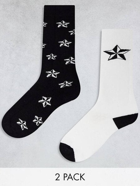 Threadbare Ski 2 pack printed star socks in monochrome