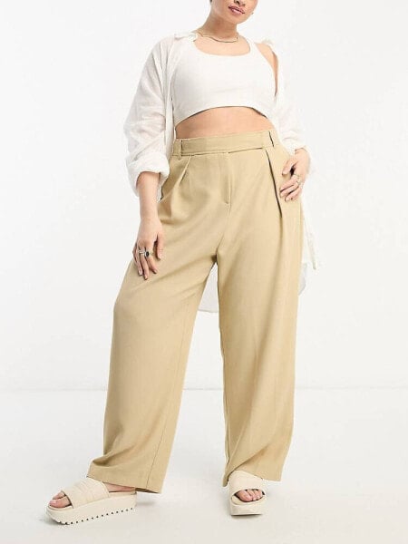 River Island Plus wide leg tailored dad trouser co-ord in beige 