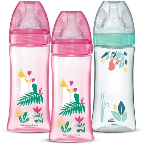Set mit 3 Anti-Kolik-Babyflaschen DODIE Anti-Kolik Runde Sauger 330 ml +6 Monate 3 Geschwindigkeiten Durchflussrate 3 Rosa und Grn