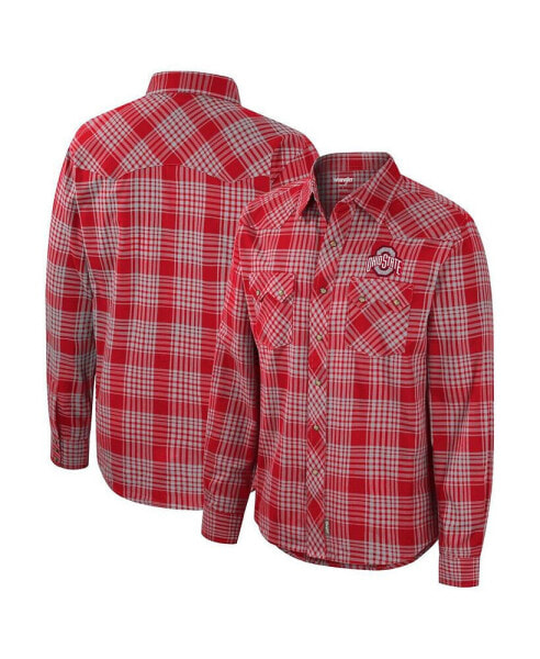 Men's x Wrangler Scarlet Ohio State Buckeyes Plaid Western Long Sleeve Snap-Up Shirt