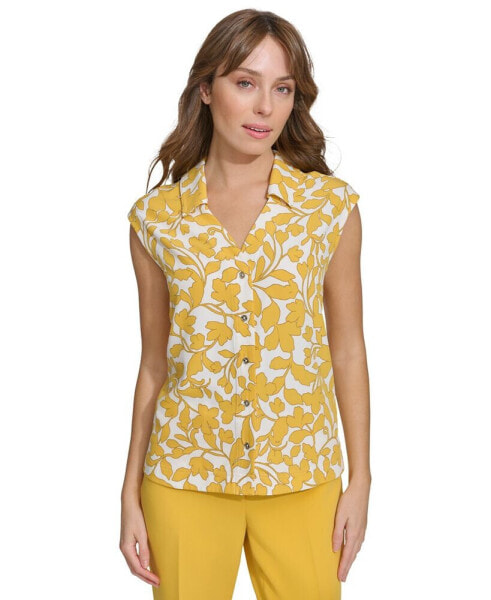 Women's Floral-Print Button-Down Collared Top