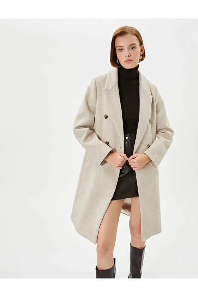 Пальто Koton Long Coat Double-Breasted Button Closure Belted