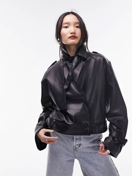 Topshop faux leather cropped trench jacket in black