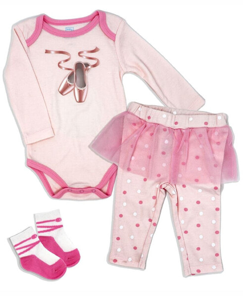 Baby Girls Ballet Bodysuit, Pants and Socks, 3 Piece Set