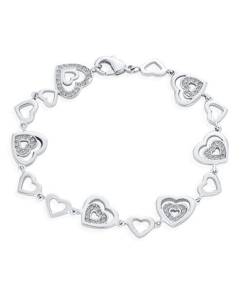 Romantic Bridal Clear Pave Cubic Zirconia AAA CZ Alternating Open Multi Hearts Shape Bracelet For Women Girlfriend Wedding Rhodium Plated Brass 7 Inch