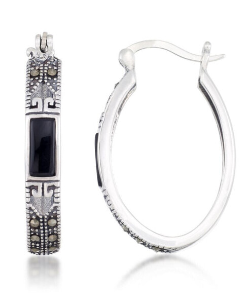 Onyx (7.5 x 5.3mm) & Marcasite Oval Hoop Earrings in Sterling Silver