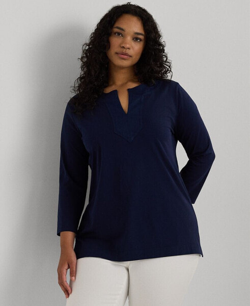 Women's Plus Size Split-Neck Three-Quarter Sleeve Cotton Tunic