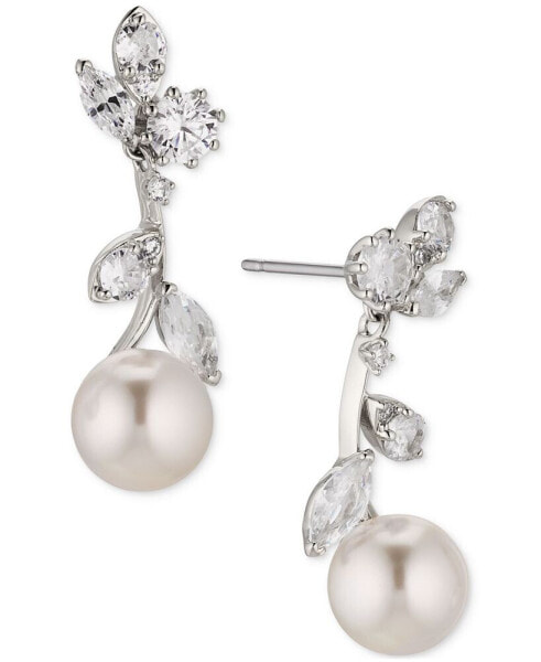 Rhodium-Plated Cubic Zirconia & Imitation Pearl Vine Linear Drop Earrings, Created for Macy's