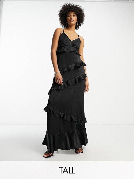 Flounce London Tall all over ruffle cami maxi dress in black