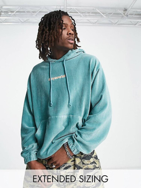 ASOS Daysocial oversized hoodie in cord with logo embroidery in teal blue