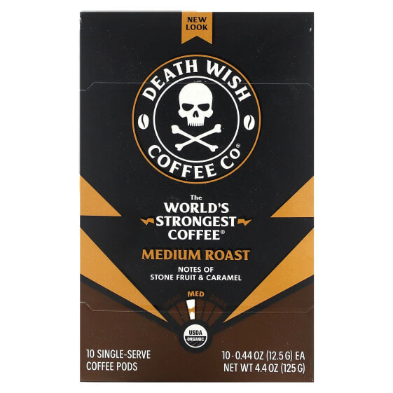 Death Wish Coffee, The World's Strongest Coffee, средняя обжарка, 10 порционных кофейных капсул, 12,5 г (0,44 унции)
