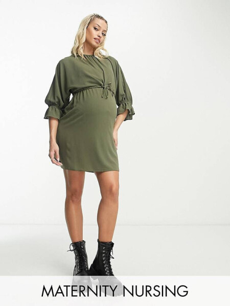 ASOS DESIGN Maternity nursing drawstring waist mini dress in khaki