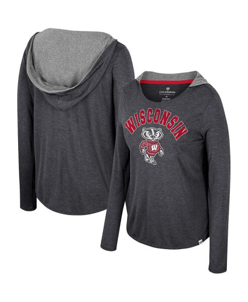 Women's Black Wisconsin Badgers Distressed Heather Long Sleeve Hoodie T-shirt