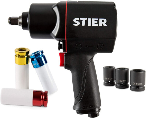 STIER Compressed Air Impact Wrench 17-BBS, Set of 8, Max. Release Torque 1,756 Nm, Power Socket Wrench Insert 1/2 Inch, Plug Nipple 1/4 Inch, 3 Speed Levels