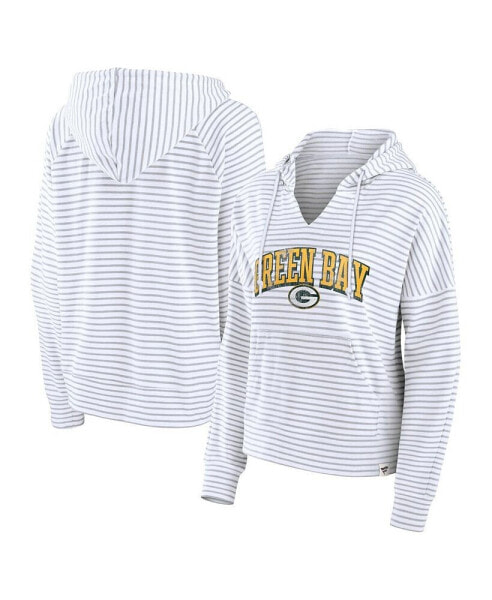 Women's White/Gray Green Bay Packers Striped Notch Neck Pullover Hoodie