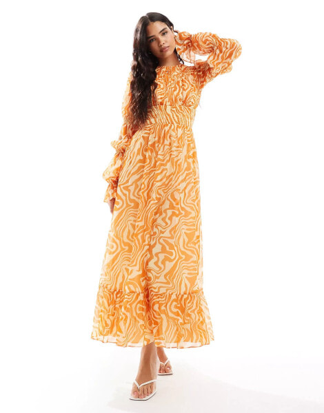 ASOS DESIGN shirred waist blouson tier sleeve maxi dress in orange zebra print