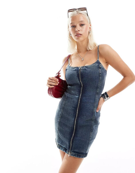 Monki zip up mini denim dress in washed blue