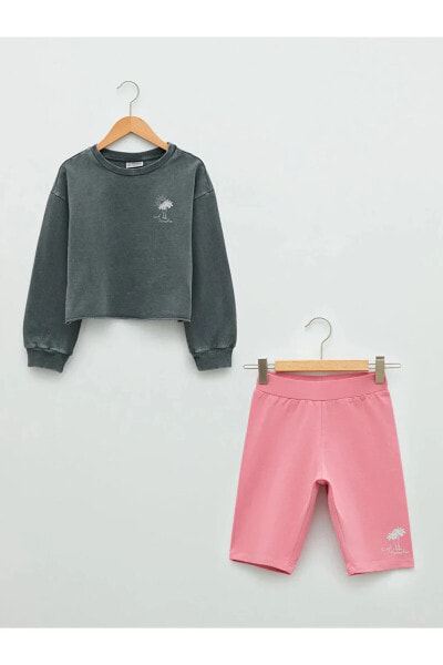 LCW Kids Bisiklet Yaka Baskılı Uzun Kollu Kız Çocuk Sweatshirt ve Şort