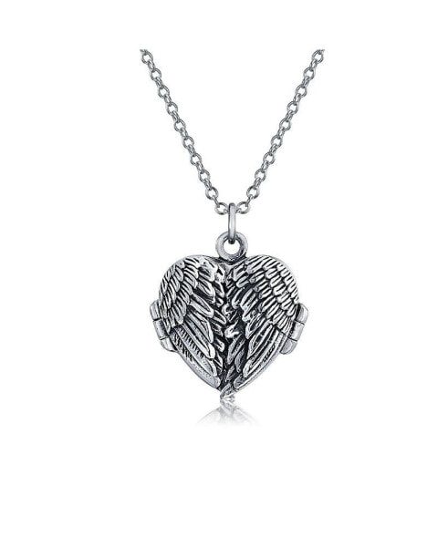 Dome Large Guardian Angel Wing Feathered Heart Shaped Photo Locket For Women Holds Photos Pictures Oxidized Silver Necklace Pendant