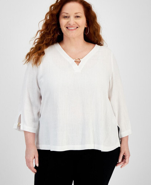 Plus Size 3/4-Sleeve Linen-Blend Top, Created for Macy's