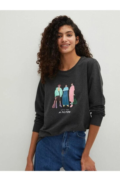 Bisiklet Yaka Baskılı Uzun Kollu Kadın Sweatshirt