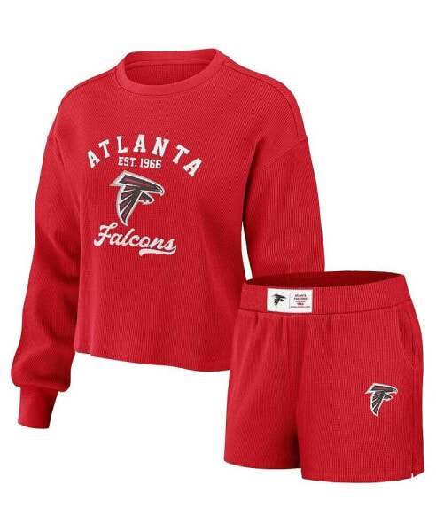 Women's Red Distressed Atlanta Falcons Waffle Knit Long Sleeve T-shirt and Shorts Lounge Set