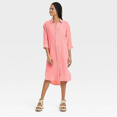 Women's 3/4 Sleeve Midi Shirtdress - Universal Thread Coral Pink L