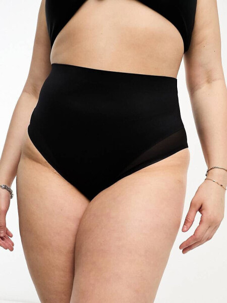 ASOS DESIGN Curve Contouring medium control high waist brief with mesh in black