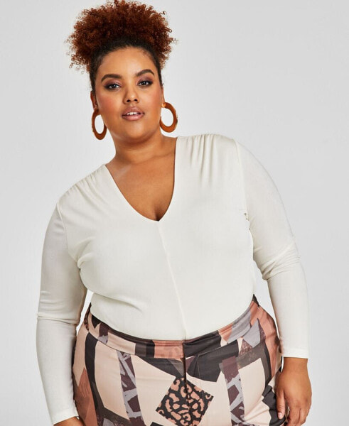 Trendy Plus Size V-Neck Long-Sleeve Top