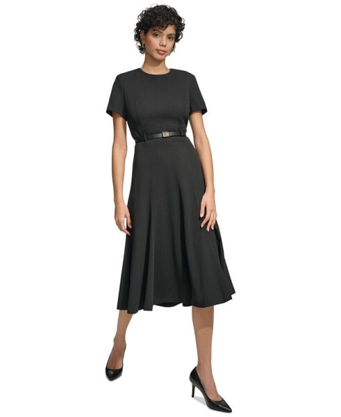 Women's Belted Fit & Flare Midi Dress