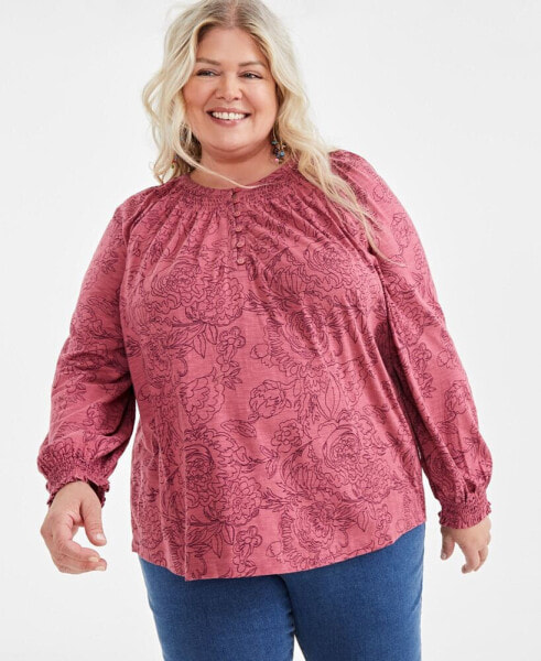 Plus Size Floral-Print Smocked-Trim Top, Created for Macy's