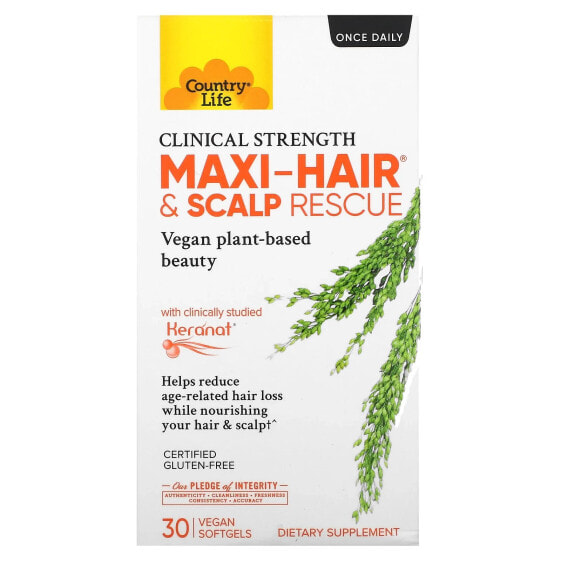 Country Life, Maxi-Hair & Scalp Rescue, клиническая сила, 30 веганских мягких таблеток