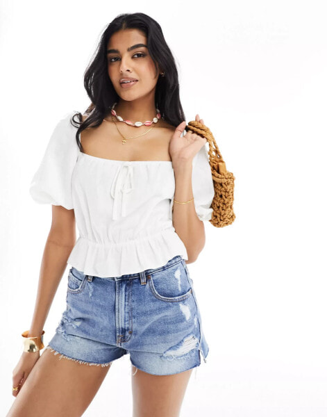 ASOS DESIGN linen look tea blouse with puff sleeve in white