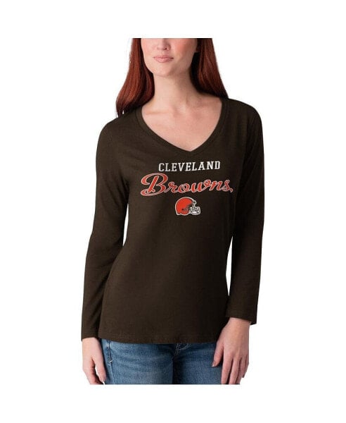 Women's Brown Distressed Cleveland Browns Post Season Long Sleeve V-Neck T-shirt