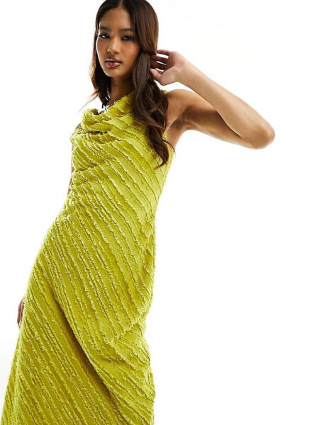 ASOS DESIGN fluffy stripe bias cut sleeveless midi dress in chartreuse